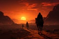 Cameleer and camels create striking silhouettes against the desert sunset