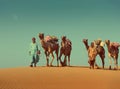 Cameleers with camels in desert - vintage retro style Royalty Free Stock Photo