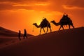 Cameleers guide camels through Thar Desert at picturesque sunset Royalty Free Stock Photo