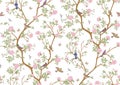 Camellia blossom tree With sparrow, finches, butterflies, dragonflies