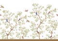 Camellia blossom tree With sparrow, finches, butterflies, dragonflies