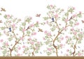 Camellia blossom tree With sparrow, finches, butterflies, dragonflies