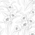 Camellia flowers bouquet with leaves line design drawing. Floral natural seamless pattern texture.