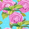 Camellia flowers. Branches with flowers, buds and leaves. Seamless background. Oriental style drawing.Graphic arts.