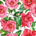 Camellia flowers, watercolor spring flora, seamless pattern