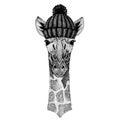 Camelopard, giraffe Cool animal wearing knitted winter hat. Warm headdress beanie Christmas cap for tattoo, t-shirt