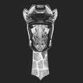 Camelopard, giraffe Wild animal wearing hockey helmet. Print for t-shirt design.