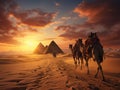 Camels can be seen heading towards the great pyramids of Giza Royalty Free Stock Photo