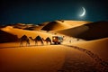 Camels and Caravan on Desert Dunes at Night with Crescent Moon and Starry Sky. Generative AI Royalty Free Stock Photo