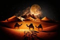 Camels and Caravan on Desert Dunes at Night with Crescent Moon and Starry Sky. Generative AI Royalty Free Stock Photo