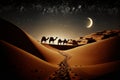 Camels and Caravan on Desert Dunes at Night with Crescent Moon and Starry Sky. Generative AI Royalty Free Stock Photo