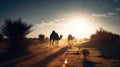 Camels Crossing Sandy Desert at Sunset. Generative AI Royalty Free Stock Photo