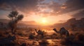 Camels in a desert environment with beautiful light conditions