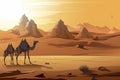 Camels in desert with pyramid background landscape scene illustration Royalty Free Stock Photo