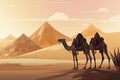 Camels in desert with pyramid background landscape scene illustration Royalty Free Stock Photo