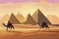 Camels in desert with pyramid background landscape scene illustration Royalty Free Stock Photo