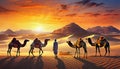 camels in desert at sunset