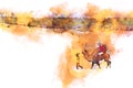 Camels in the desert watercolor painting on white background wi Royalty Free Stock Photo