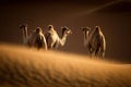 Camels between the dunes in the sahara desert. Amazing African wildlife. Generative Ai