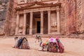 Camels in front of Al Khazneh temple (The Trasury) in the ancient city Petra, Jord Royalty Free Stock Photo