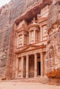 Camels in front of the Al Khazneh temple (The Treasury) in the ancient city Petra, Jord Royalty Free Stock Photo