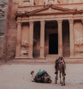 Camels in front of the historic Petra Wadi in Jordan