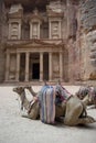 Camels rest in front of Al Khazneh Treasury ruins, Petra, Jordan