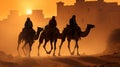 Camels with riders in sunset. Caravan in desert Royalty Free Stock Photo