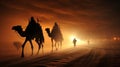 Camels with riders in sunset. Caravan in desert Royalty Free Stock Photo