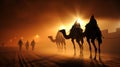 Camels with riders in sunset. Caravan in desert Royalty Free Stock Photo