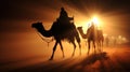 Camels with riders in sunset. Caravan in desert Royalty Free Stock Photo