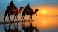 Camels with riders in sunset. Caravan in desert