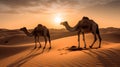 Camels in the Sahara desert at sunset. 3D illustration.