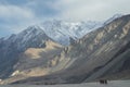 Camels with their riders are dwarfed by snow-covered mountains