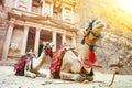 Camels for transporting tourists around the lost city of Petra. Camels in front of the Treasury at Petra the ancient City Al Royalty Free Stock Photo