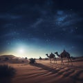 Camels traveling through deserts at sunset all around sand dark sky. Ramadan as a time of fasting and prayer for Muslims Royalty Free Stock Photo