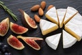 Camembert cheese with figs on black slate Royalty Free Stock Photo