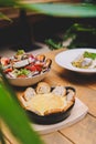 Camembert cheese fondue with whole wheat toast Royalty Free Stock Photo