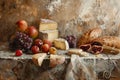 Camembert cheese with grapes and pomegranate, still life.