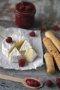 Camembert cheese with raspberry sauce. Keto snack.