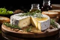 Camembert cheese with rosemary on a wooden board AI generated