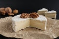 Camembert cheese with walnuts which lies on waxed paper and on a black background