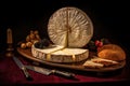 camembert cheese wheel with a knife, cut open Royalty Free Stock Photo