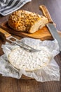 Camembert cheese on wrapping paper. French cheese with mold on the surface Royalty Free Stock Photo