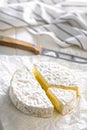 Camembert cheese on wrapping paper. French cheese with mold on the surface Royalty Free Stock Photo