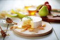 camembert served with pear slices and honeycomb, natural light