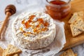 Camembert soft french cheese served with honey and crackers, top view Royalty Free Stock Photo