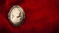 Cameo brooch representing the side portrait of a woman carved in white stone or ivory with golden elements on burgundy red velvet Royalty Free Stock Photo