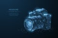 Camera. Abstract 3d polygonal wireframe modern professional camera isolated on blue.