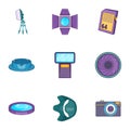 Camera accessories icons set, cartoon style